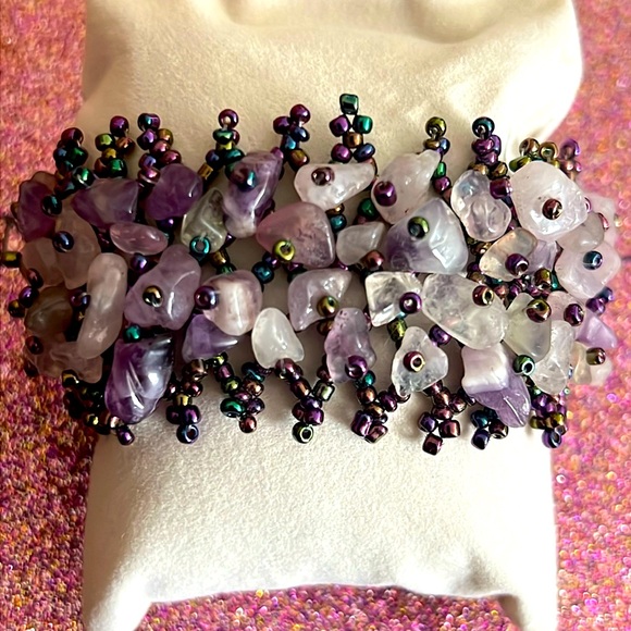 Genuine Amethyst and Borealis Seed Beaded Adjustable Cuff Bracelet - Picture 1 of 9
